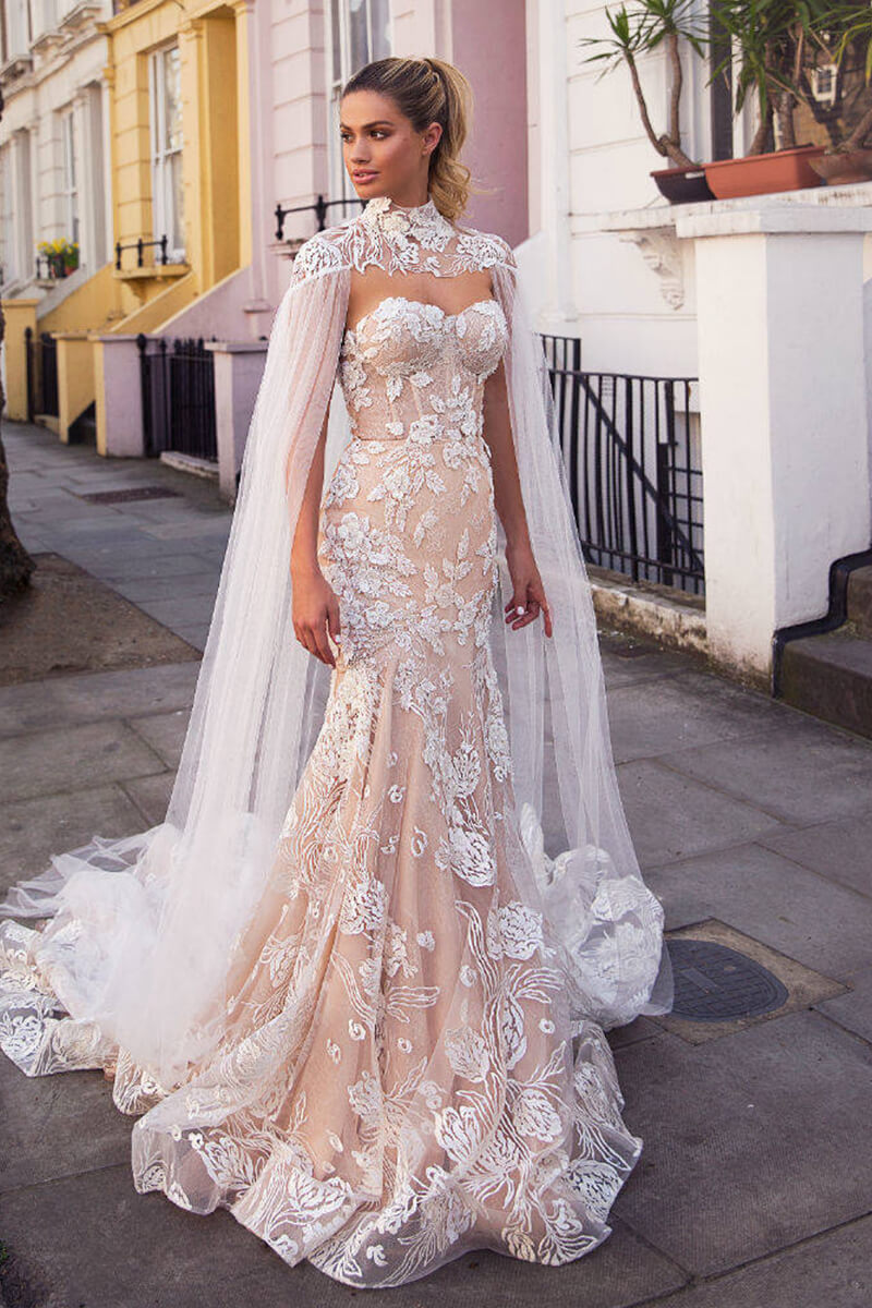 Mermaid Tulle Cape Bridal Dress